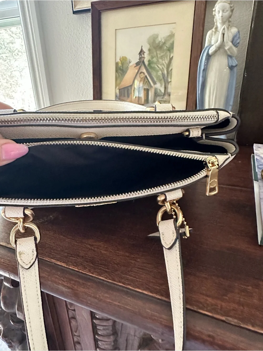 Coach Light Cream Saffiano Leather Satchel with Gold Hardware
